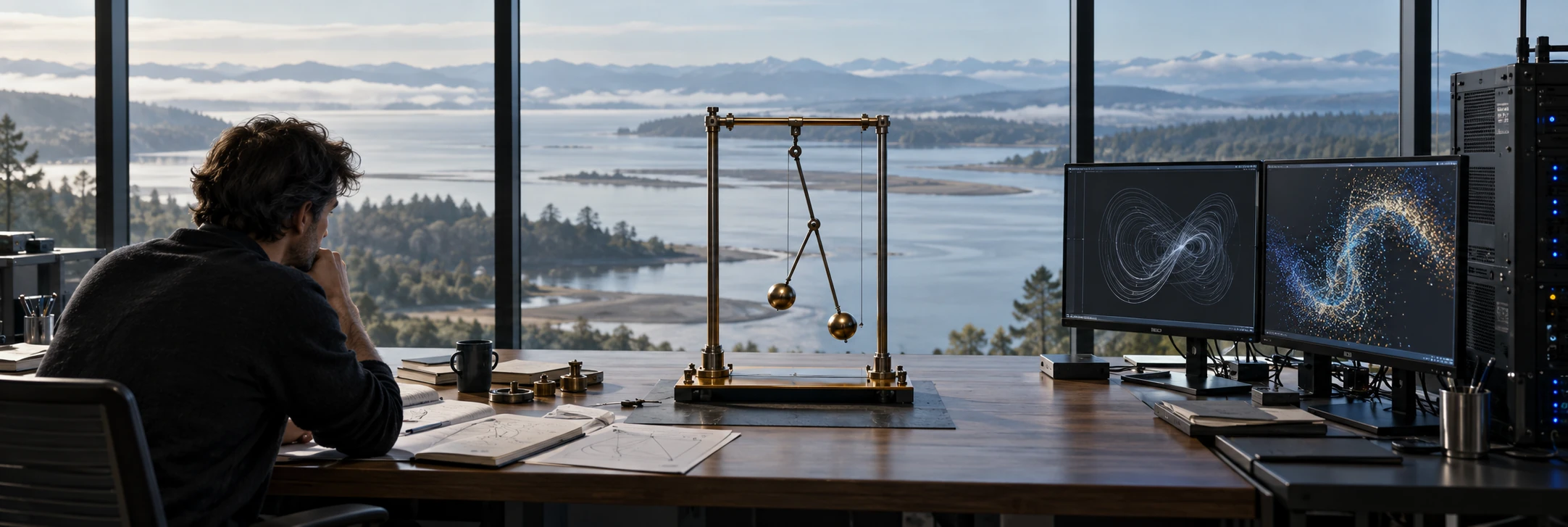 A human researcher and an AI workstation face a shared experimental apparatus, suggesting different cognitive paths subject to common checks; an AI-generated conceptual scene.
