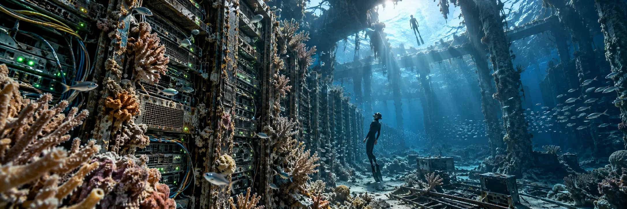 Green status lights remain lit in a flooded server room, with divers observing from different positions; an AI-generated conceptual scene.