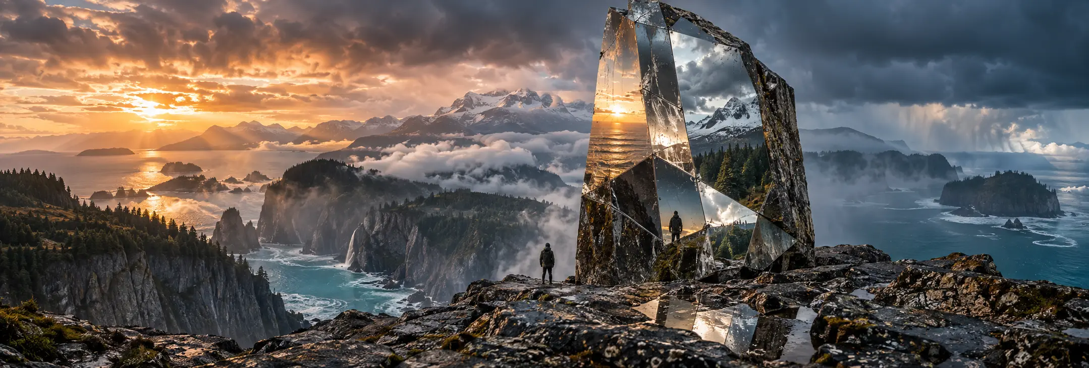 巨大分面鏡映出山、海、森林與人物的不同片段，周圍仍有鏡中看不到的海岸；AI 生成超現實場景。