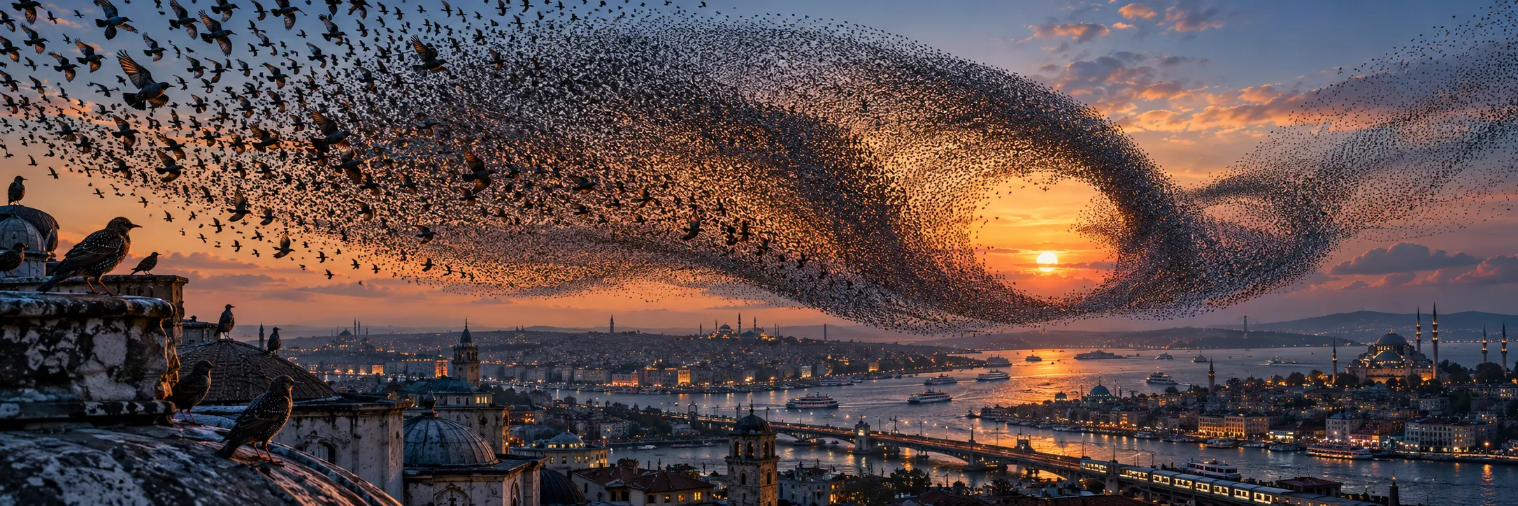 A vast starling murmuration above a coastal city, with waterways and lights forming networks at another scale; an AI-generated conceptual scene.