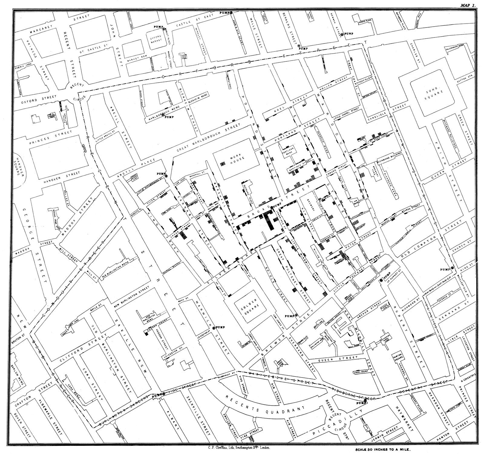 Snow's map of cholera deaths. Dense short black bars can be seen around Broad Street, and the map also marks the positions of the various water pumps.