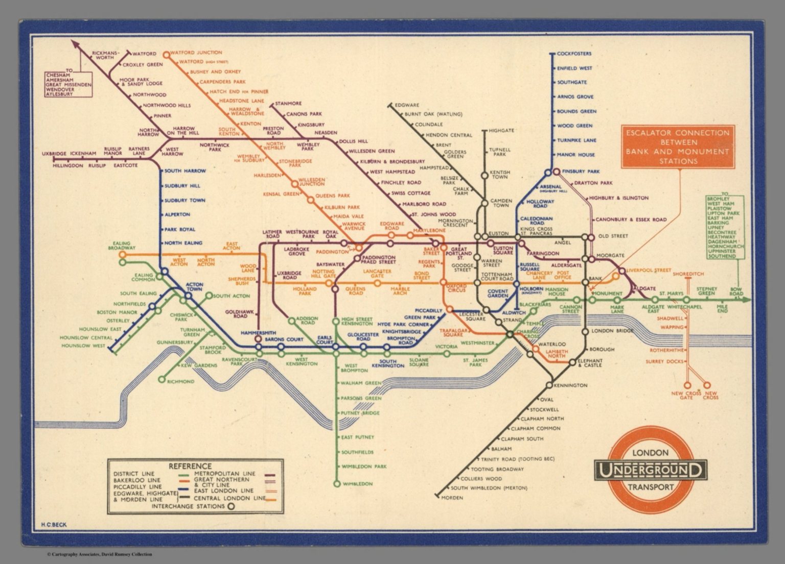 Harry Beck's 1933 London Underground map, which presents the network in regular line segments with interchange circles and respaces the stations.